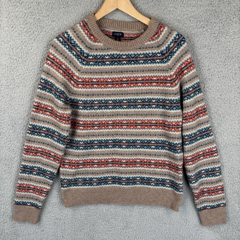J.Crew Fair Isle Sweater‎ Men's Medium Tan Red Navy Wool Blend Crewneck Nordic